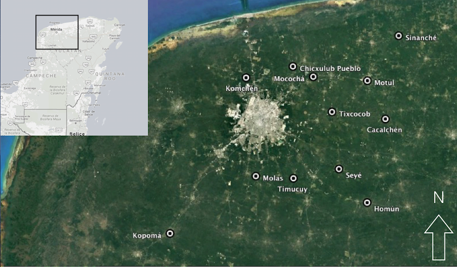 Ubicacion geografica y nombre de las localidades que incluye el proyecto en el estado de Yucatan cortesia del Dr. Hugo Ruiz Pina